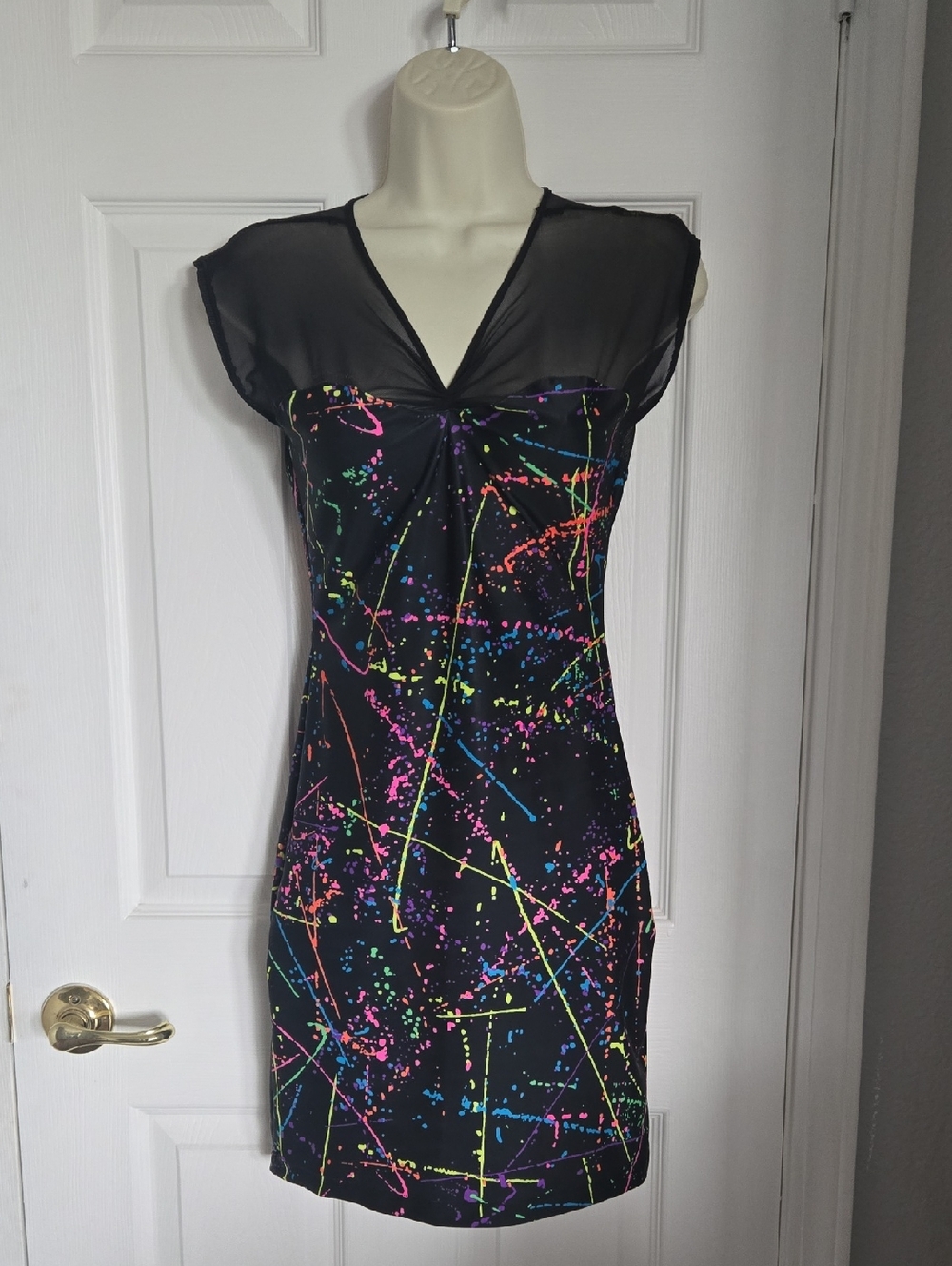 Black Neon Splash Cap-Sleeve Party Dress